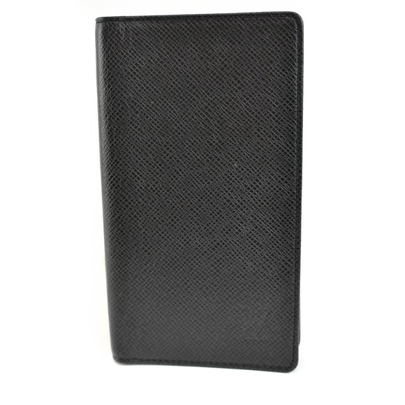 LOUIS VUITTON: Black, "Taiga" Leather "LV" Logo Folding Wallet (xv) - Picture 1 of 10